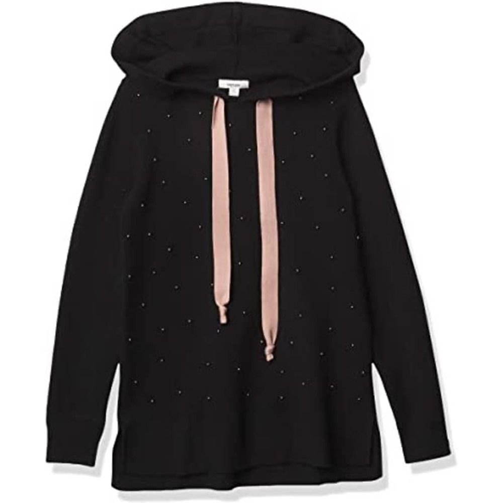 Kensie black white beaded front pink tie hooded sweater long sleeve womens med
